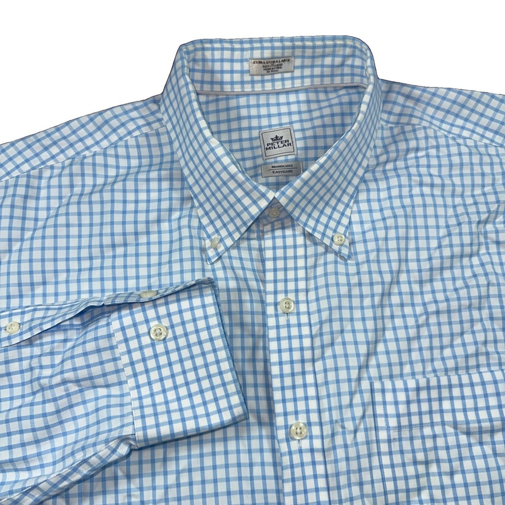 Peter Millar Blue Gingham Check Men's  XXL  Nanoluxe Business Casual Dress Shirt